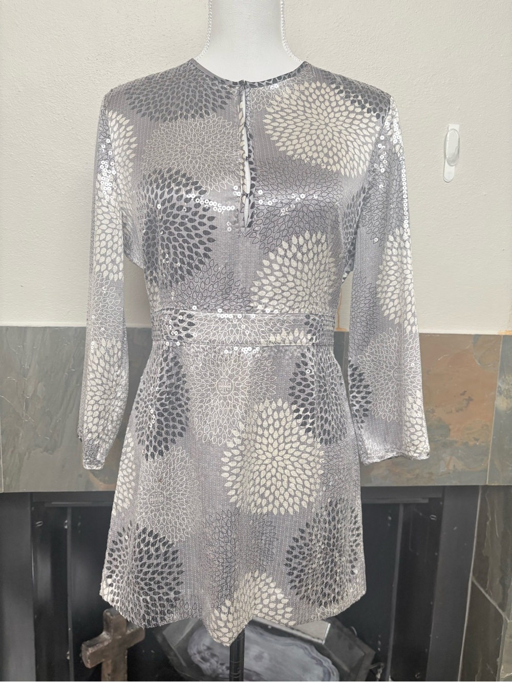 Tory Burch Silver Sequin Long-Sleeve Mini Dress